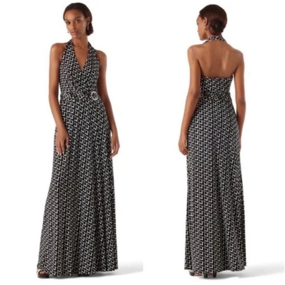 White House Black Market Black With Ecru Geometric Halter Wedding Guest Dress 14